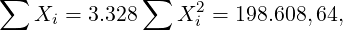 ∑            ∑
   Xi = 3.328    X2i = 198.608,64,
